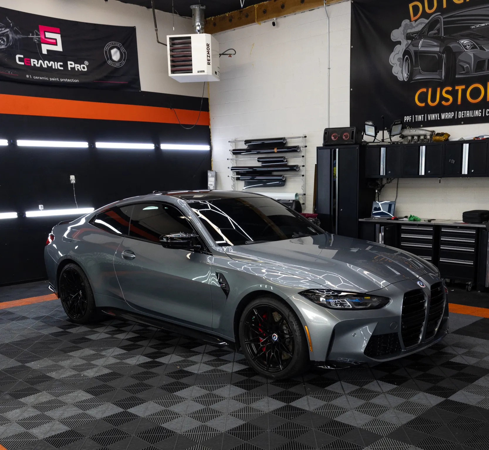 Grey BMW M4 in the bay