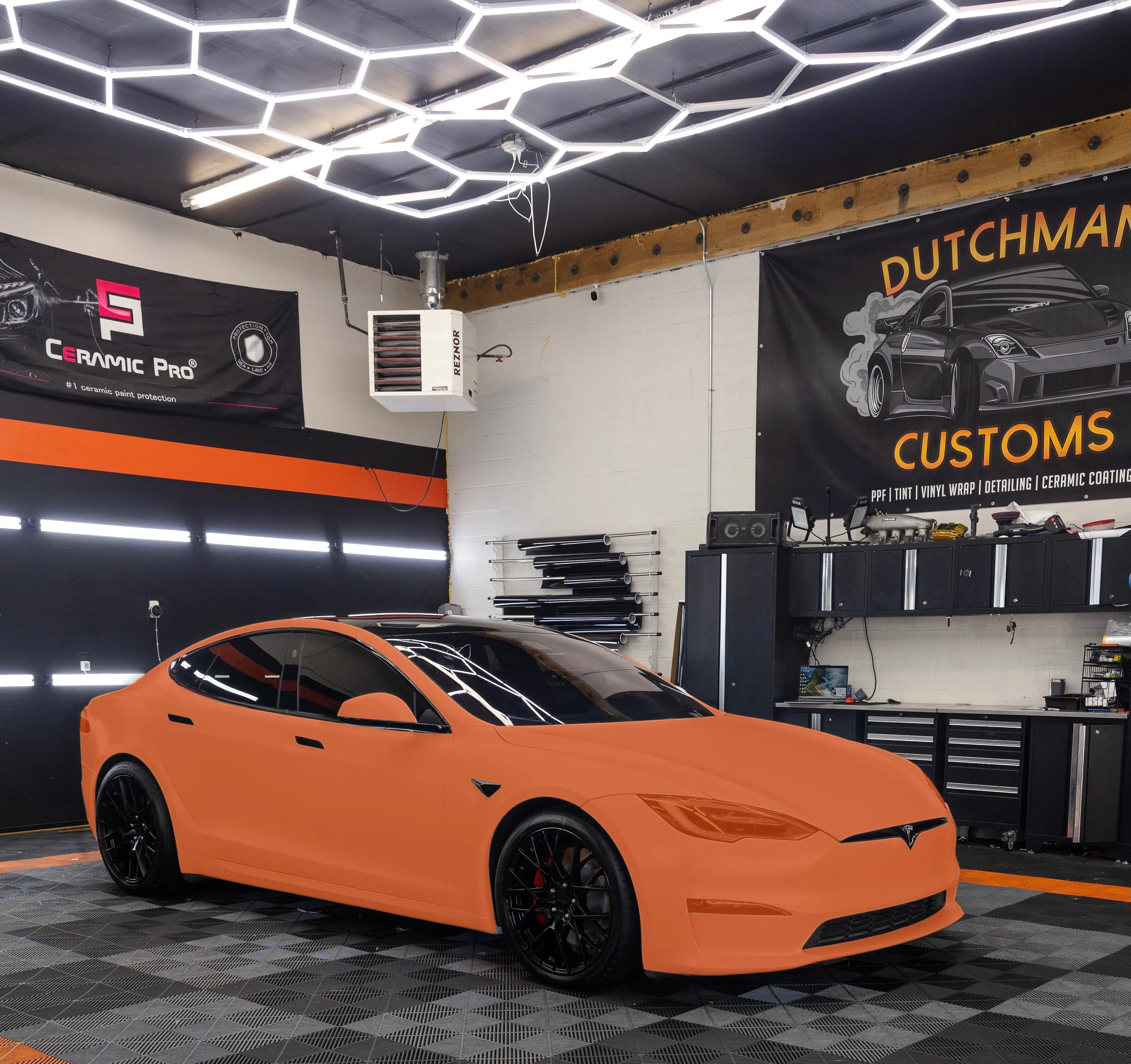 Tesla Model S with Full Body PPF coverage marked in orange